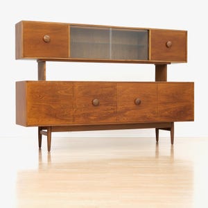 Mid Century British Elm Sideboard Hutch | Vintage MCM Display Cabinet | Danish Modern Style Credenza | Retro Storage Unit