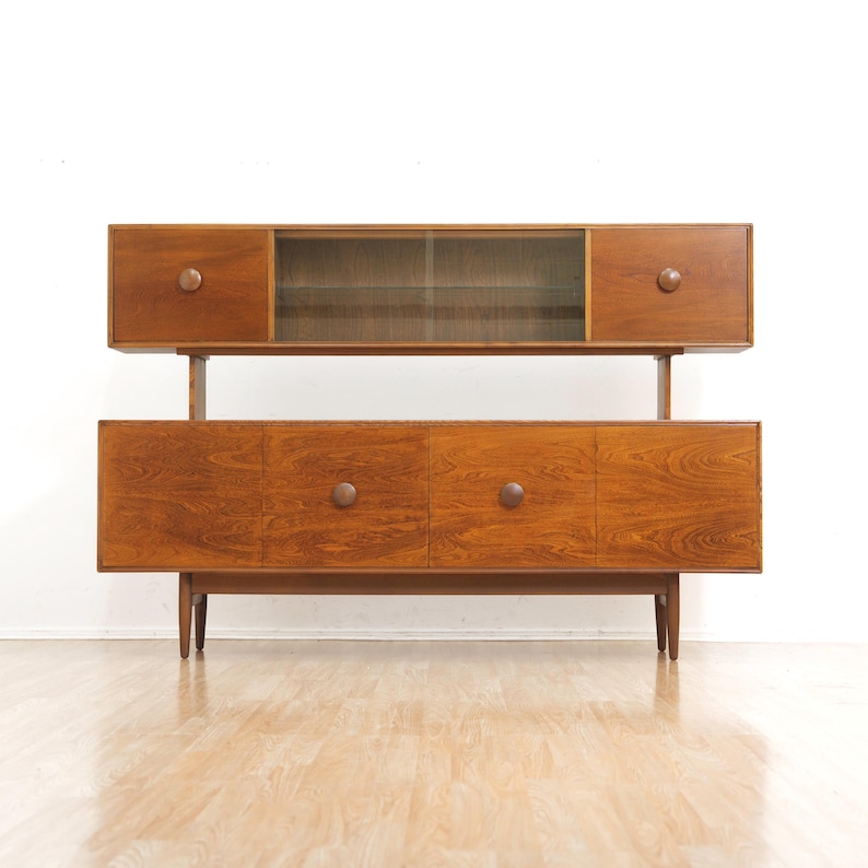 Mid Century British Elm Sideboard Hutch | Vintage MCM Display Cabinet | Danish Modern Style Credenza | Retro Storage Unit