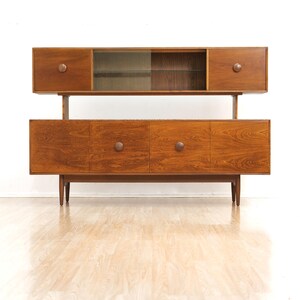 Mid Century British Elm Sideboard Hutch | Vintage MCM Display Cabinet | Danish Modern Style Credenza | Retro Storage Unit