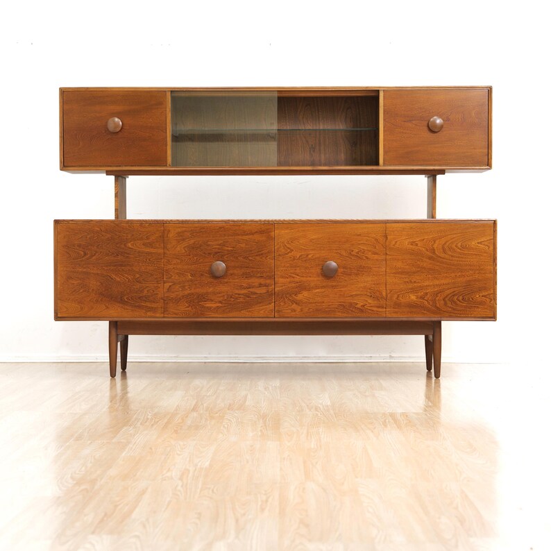 Mid Century British Elm Sideboard Hutch | Vintage MCM Display Cabinet | Danish Modern Style Credenza | Retro Storage Unit