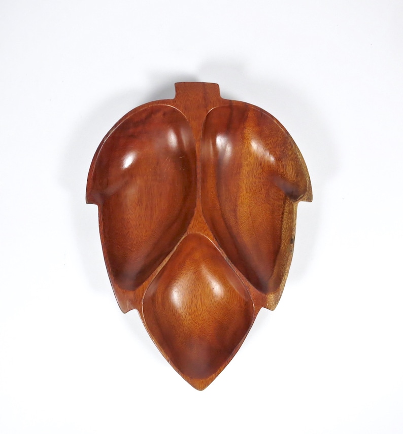 Mid Century Kamari Wood Vintage Tiki Leaf Shape Teak Monkey Pod TrayBowlBowl Boho