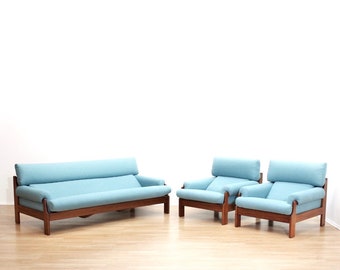 Mid Century Sofa & Chair Set by Revelese 196Os Teak and Blue Couch Lounge Chairs