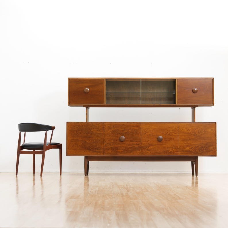 Mid Century British Elm Sideboard Hutch | Vintage MCM Display Cabinet | Danish Modern Style Credenza | Retro Storage Unit