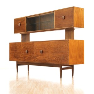 Mid Century British Elm Sideboard Hutch | Vintage MCM Display Cabinet | Danish Modern Style Credenza | Retro Storage Unit