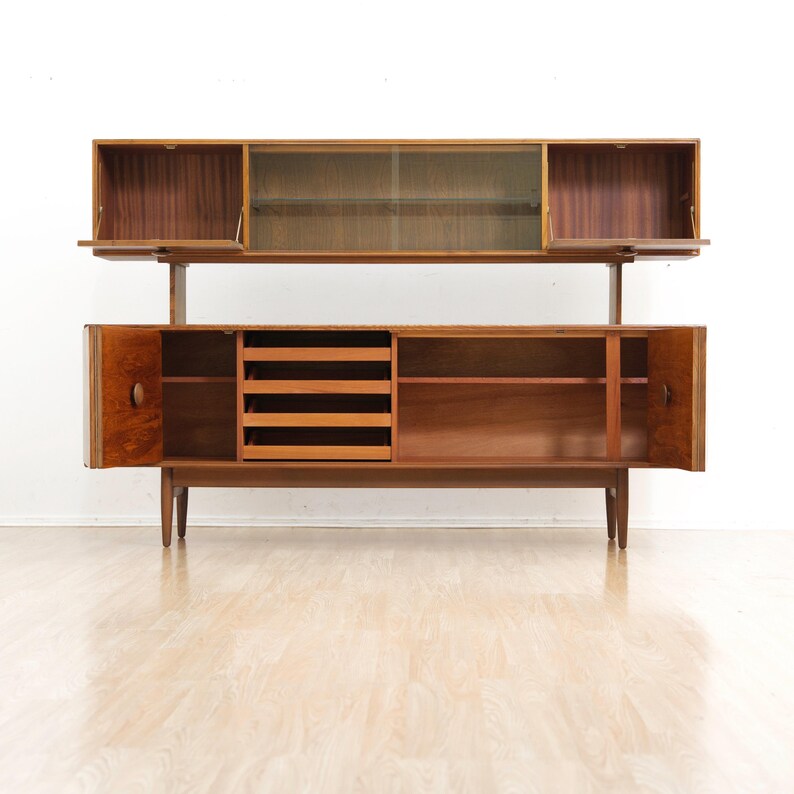 Mid Century British Elm Sideboard Hutch | Vintage MCM Display Cabinet | Danish Modern Style Credenza | Retro Storage Unit