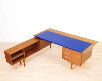 Mid Century Executive Desk | Teak Office Desk | Floating Return Desk | Vintage MCM Desk | Danish Modern Office Furniture