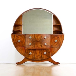 1960s Art Deco Revival Vanity Dresser and Mirror Walnut Bedroom Table