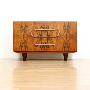 1930s English Art Deco Matchbook Grain Buffet Credenza by Farlow