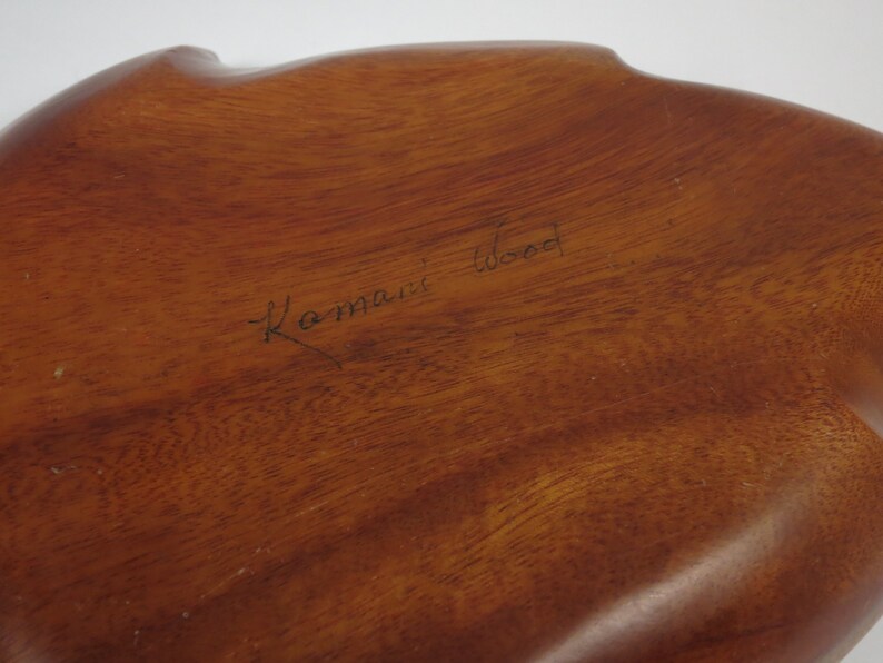 Mid Century Kamari Wood Vintage Tiki Leaf Shape Teak Monkey Pod TrayBowlBowl Boho