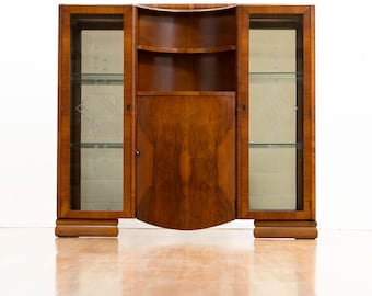 English Walnut China Display Cabinet | 1950s Liquor Cabinet