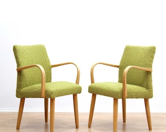 Pair of Mid Century 1950s Bent Wood Cocktail Lounge Chairs in Green Tweed