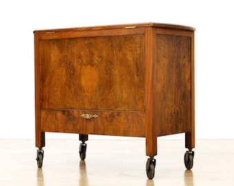1950s British 'Pop-up' Liquor Cabinet Bar Cart in Burl Wood