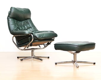 Leather & Chrome Skoghaug Industries Reclining Swivel Armchair and Ottoman, 1970s