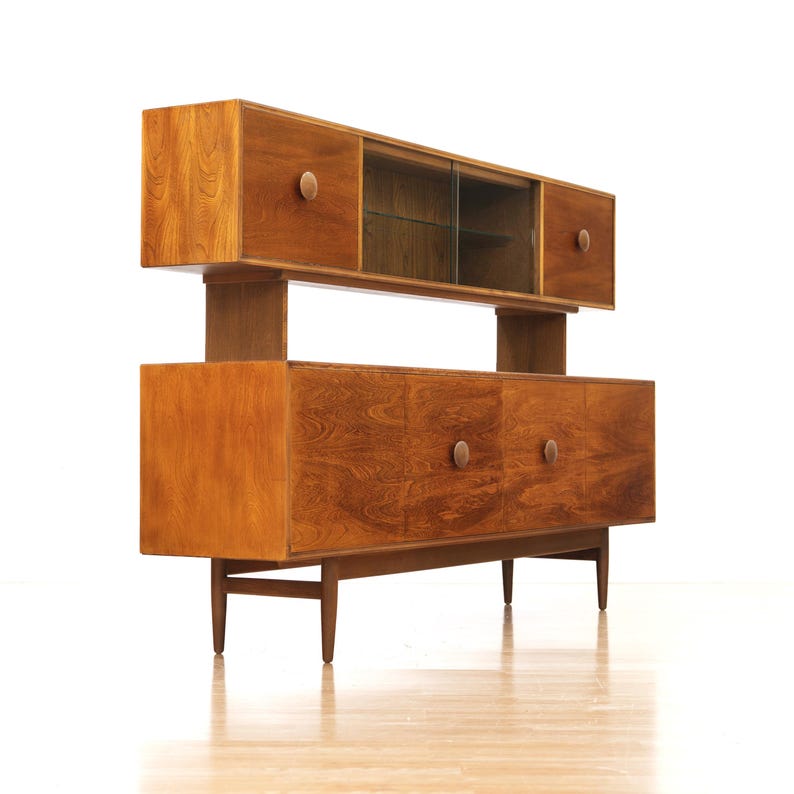 Mid Century British Elm Sideboard Hutch | Vintage MCM Display Cabinet | Danish Modern Style Credenza | Retro Storage Unit