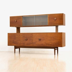 Mid Century British Elm Sideboard Hutch | Vintage MCM Display Cabinet | Danish Modern Style Credenza | Retro Storage Unit