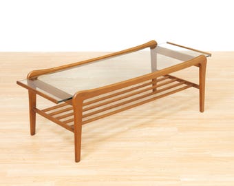 Mid Century Floating Glass and Teak Coffee Table with Magazine Rack | Glass Top Table | MCM Coffee Table | Magazine Rack