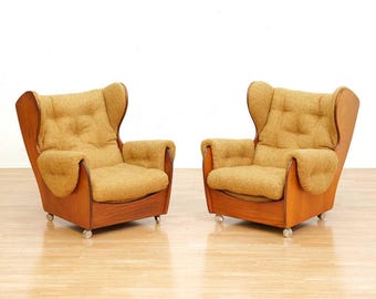 Pair of 1970s Teak Saddleback Tufted Lounge Chairs & Ottoman by G Plan