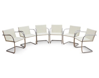 Mies Van Der Rohe for Knoll Set of Six Leather & Chrome Chairs Office Dining Chairs (X6)