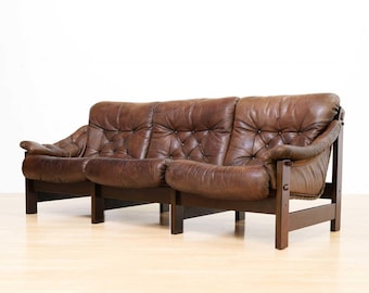 1970s Scandinavian Brown Leather Three Seat Tufted Sofa, 1970s