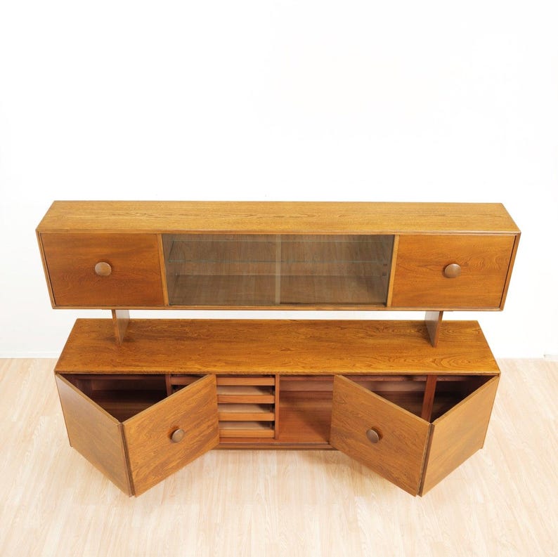 Mid Century British Elm Sideboard Hutch | Vintage MCM Display Cabinet | Danish Modern Style Credenza | Retro Storage Unit