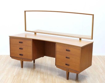 Mid Century Teak Vanity Danish Bow Fronted Dresser Mirror Drawers