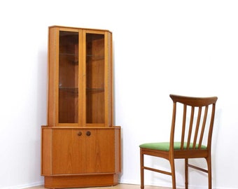 Teak Corner Bar China Cabinet by Turnidge of London Mid Century Glass Wall Unit