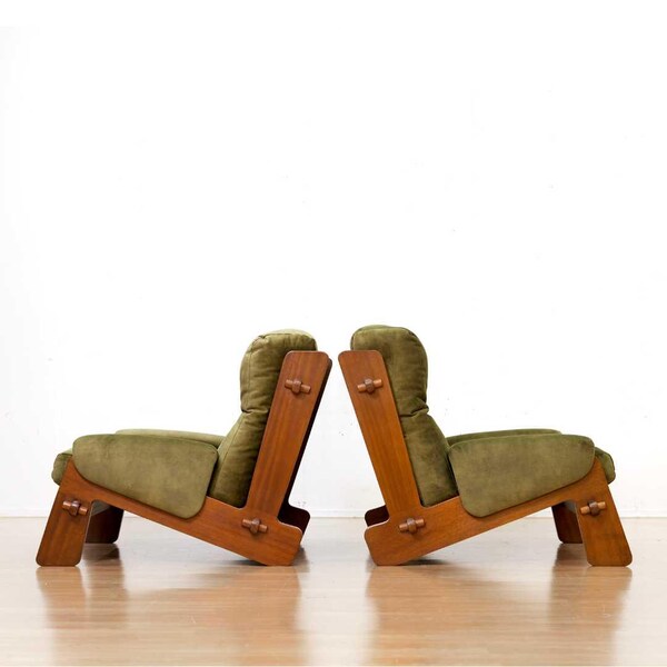 Pair of 1970s Scandinavian Brutalist Teak Lounge Chairs & Ottoman in Olive Green Velvet