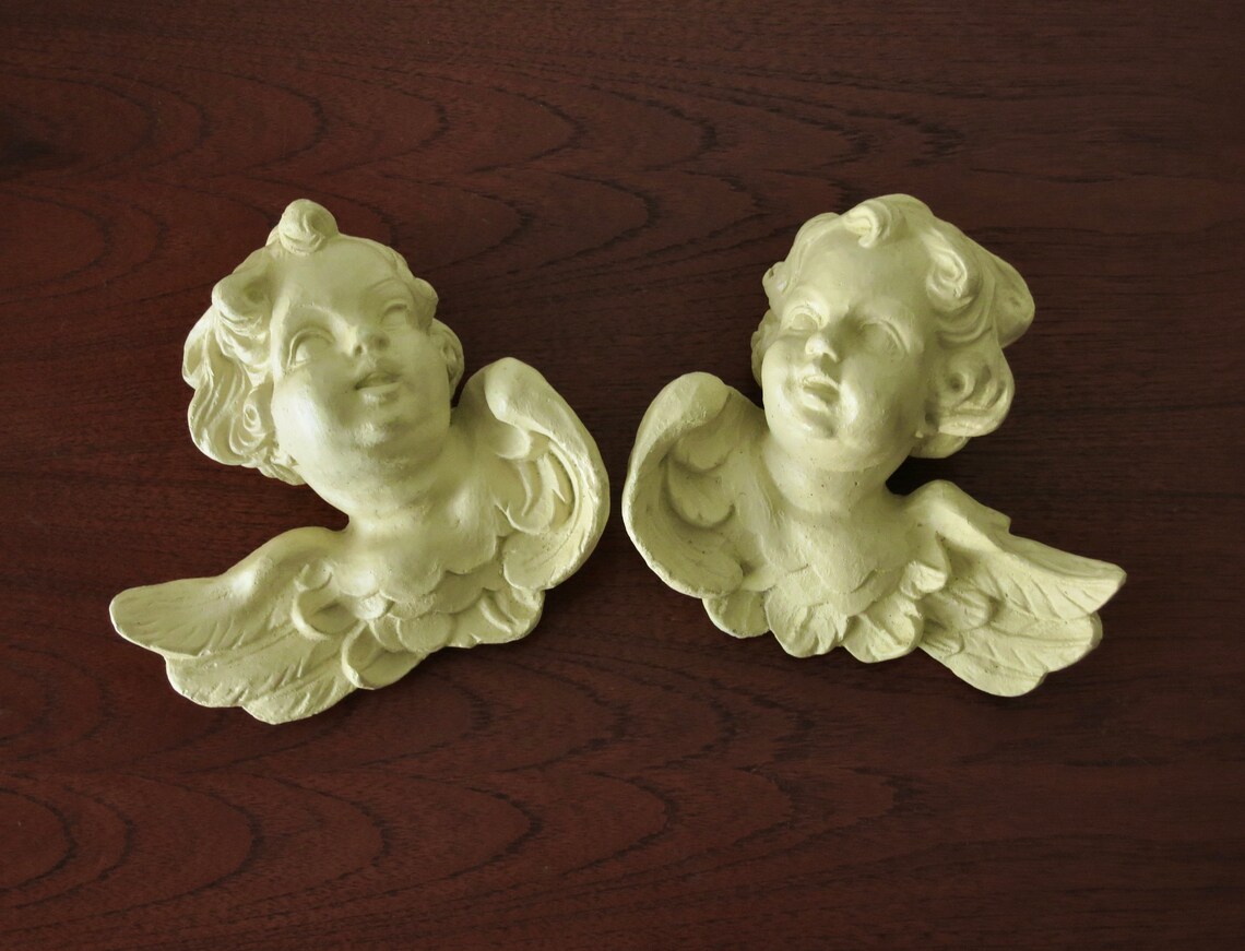Pair of Vintage Plaster Angels Cherub Wall Hangings White Very Etsy
