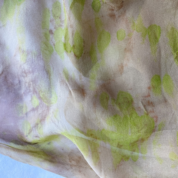 Ecoprinted silk chiffon scarf HAND DYED. Nature inspired Beige and green. Long silk scarf 11×60  100% genuine SILK