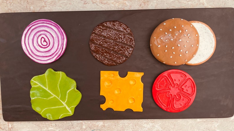 Unique coaster set Cheeseburger coaster set of 6 coasters unique tableware gift original home decor handmade sculpture original gift idea image 3