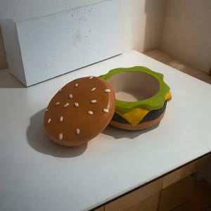 May include: A ceramic hamburger-shaped container with a removable lid. The container is brown with white sesame seeds on top, and the lid is green with a yellow cheese layer.