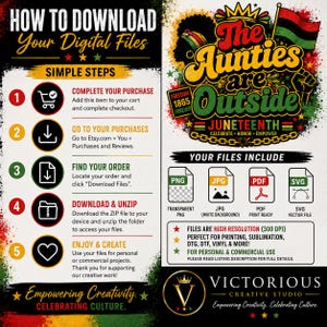 Op de afbeelding: Een digitale downloadafbeelding met instructies over het downloaden van bestanden. Het ontwerp bevat de tekst "The Aunties are Outside" en "Juneteenth". De afbeelding bevat ook bestandstype-pictogrammen voor PNG, JPG, PDF en SVG.