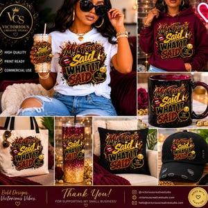 Op de afbeelding: Een collectie artikelen met de tekst My Face Said WHAT IT SAID en een afbeelding van lippen en een kroon. De items omvatten een wit t-shirt, een bordeauxrode hoodie, een zwarte mok, een canvas tas, een beker, een kussen en een zwarte baseballpet.