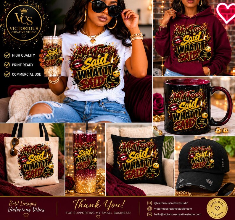 Op de afbeelding: Een collectie artikelen met de tekst My Face Said WHAT IT SAID en een afbeelding van lippen en een kroon. De items omvatten een wit t-shirt, een bordeauxrode hoodie, een zwarte mok, een canvas tas, een beker, een kussen en een zwarte baseballpet.