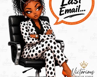 Könnte beinhalten: Illustration einer Frau in einem schwarz-weiß gepunkteten Anzug, die auf einem schwarzen Bürostuhl sitzt. Sie trägt orangefarbene Absätze und hat eine Sprechblase mit der Aufschrift "Per My Last Email...". Das Bild enthält den Text "Victorious Creative Studio".