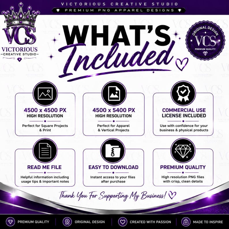 K&ouml;nnte beinhalten: Eine digitale Informationsgrafik in Violett und Wei&szlig; mit der &Uuml;berschrift WHAT'S Included. Sie listet sechs Merkmale auf: 4500 x 4500 PX, 4500 x 5400 PX, kommerzielle Nutzungslizenz, Read-me-Datei, einfacher Download und hochwertige PNG-Dateien.