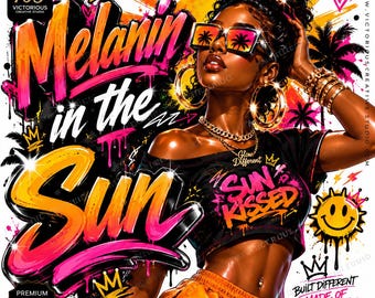 Melanin in the Sun PNG / Diseño de camiseta de verano para chica negra / Ropa urbana para mujer afroamericana PNG / Transferencia DTF de vacaciones de verano / Sublimación