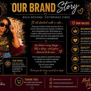 Op de afbeelding: Een zwarte informatieve afbeelding getiteld Our Brand Story voor Victorious Creative Studio. Het toont een persoon in een zwart t-shirt met de tekst My Face Said Whatt It Said, naast secties met de missie, visie, waarden en contactgegevens in goudkleurige en witte tekst op een donkere achtergrond.