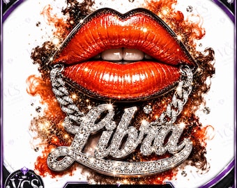 May include: A digital graphic featuring glossy, vibrant orange lips with white teeth, positioned above a sparkling, diamond-encrusted pendant that spells out the word Libra. The design is surrounded by swirling orange and black smoke effects.
