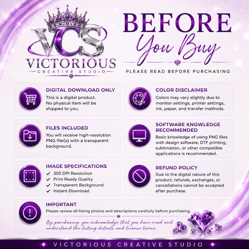 May include: A purple and white informational graphic titled BEFORE You Buy from Victorious Creative Studio. It lists digital download details, file specifications, color disclaimers, software requirements, and a no-refund policy for digital files.
