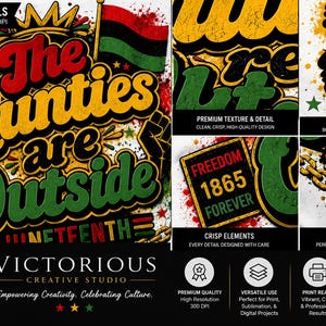 Op de afbeelding: Een levendig grafisch ontwerp met de tekst "The Aunties are Outside" in geel, rood en groen, ter viering van Juneteenth. Bevat een Black Liberation vlag en de woorden "Freedom 1865 Forever."