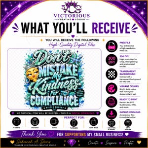 May include: A digital graphic design featuring the text Don't Mistake My Kindness For Compliance with a cartoon character wearing a crown, surrounded by teal and blue glitter effects, Pisces symbols, and star accents on a white background.