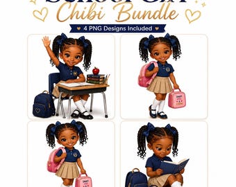 Könnte beinhalten: Ein digitales Grafikset mit dem Titel School Girl Chibi Bundle, das vier Illustrationen einer jungen Schülerin mit geflochtenen Zöpfen zeigt, die ein marineblaues Poloshirt und einen beigen Rock trägt, inklusive Schulmaterial und Taschen.