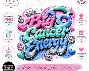 Gran Energía Cáncer PNG / Diseño del Zodíaco Retro Aerografiado Y2K (Descarga Digital)