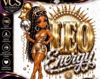 Leo Energy, png PNGEgg | Glam Leo sterrenbeeld shirtontwerp | Goud chroom leeuw png PNGEgg | Verjaardag zwart meisje leeuw | DTF-sublimatie | 4500 x 4500