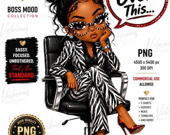 Könnte beinhalten: Digitalgrafik einer schwarzen Frau in einem zebra gemusterten Anzug, die auf einem schwarzen Bürostuhl sitzt, eine Brille und rote Absätze trägt. Der Text enthält "I'm Over This...", "Boss Mood Collection" und "PNG-Datei".