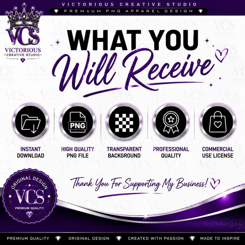 K&ouml;nnte beinhalten: Eine digitale Grafik mit violettem und wei&szlig;em Text, der WHAT YOU Will Receive lautet. Sie enth&auml;lt f&uuml;nf kreisf&ouml;rmige Symbole f&uuml;r einen Sofort-Download-Ordner, eine PNG-Datei, einen transparenten Hintergrund, ein Abzeichen und eine Einkaufstasche.