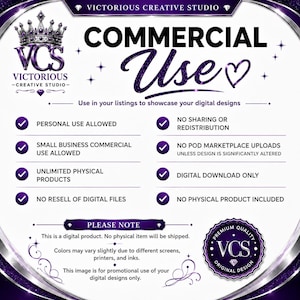 K&ouml;nnte beinhalten: Eine digitale Lizenzinformationsgrafik mit violettem und wei&szlig;em Text. Sie enth&auml;lt das Logo von Victorious Creative Studio, die Worte Commercial Use und eine Liste von Bedingungen, einschlie&szlig;lich der Erlaubnis zur privaten Nutzung und digitalem Download.