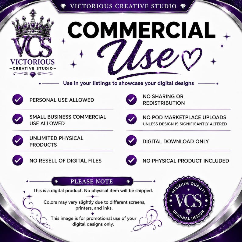 K&ouml;nnte beinhalten: Eine digitale Lizenzinformationsgrafik mit violettem und wei&szlig;em Text. Sie enth&auml;lt das Logo von Victorious Creative Studio, die Worte Commercial Use und eine Liste von Bedingungen, einschlie&szlig;lich der Erlaubnis zur privaten Nutzung und digitalem Download.