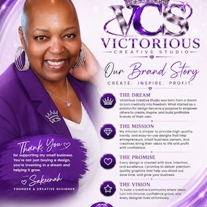 May include: A promotional flyer for Victorious Creative Studio featuring a purple and white color scheme. The text includes Our Brand Story, The Dream, The Mission, The Promise, The Vision, and a thank you note from founder Sakeenah.